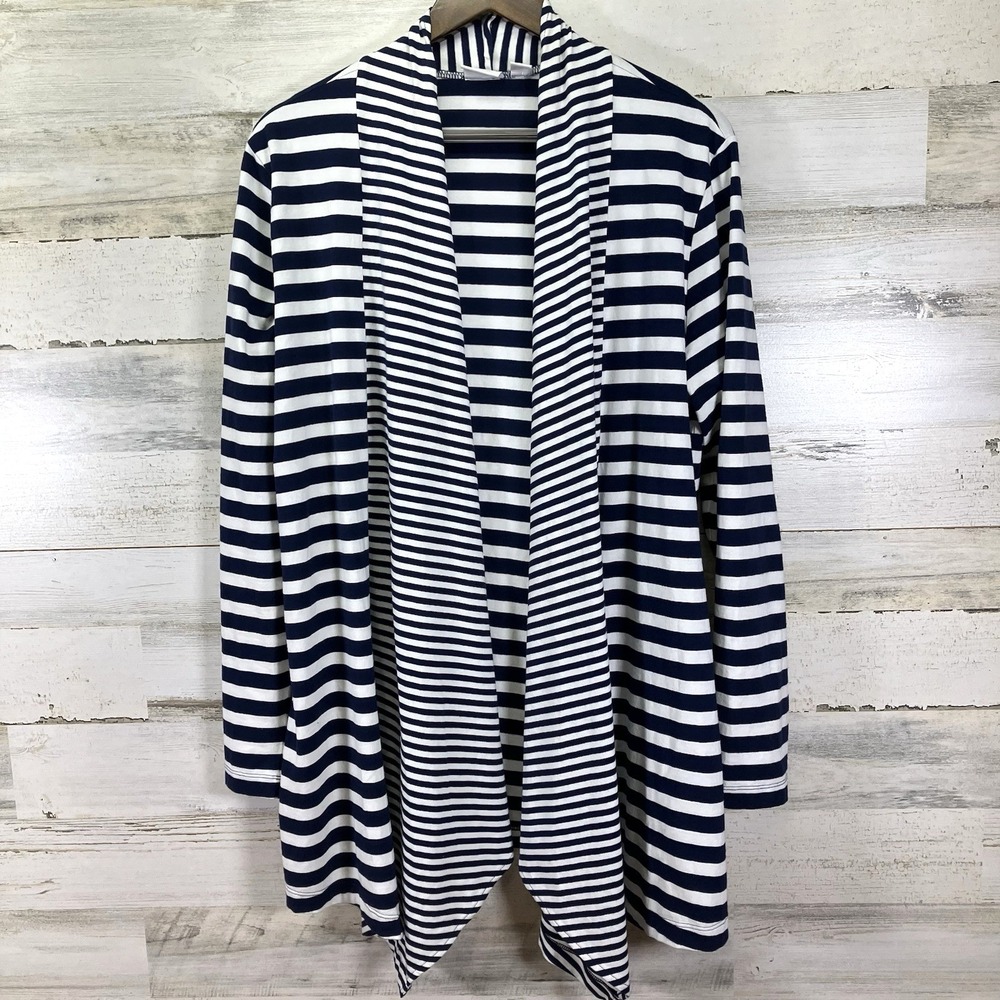Chicos WEEKENDS Womens White/Navy Blue Striped Open Front Jersey Sweater‎ XL